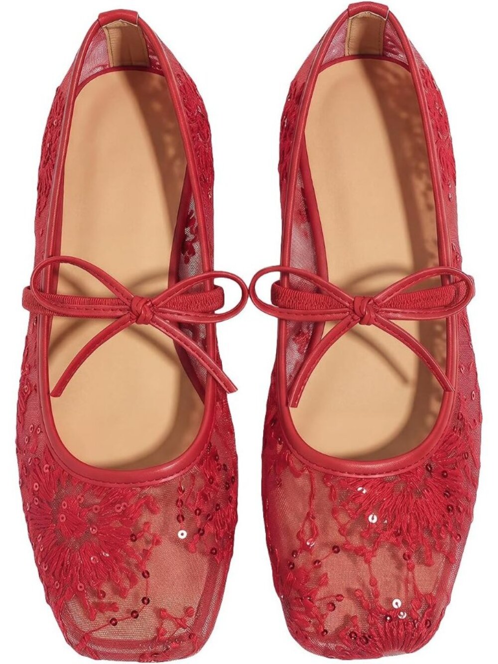 Women's Solid Red Polka Dots Mesh Ballet Flats Cute Lace Ballerina Casual Shoes